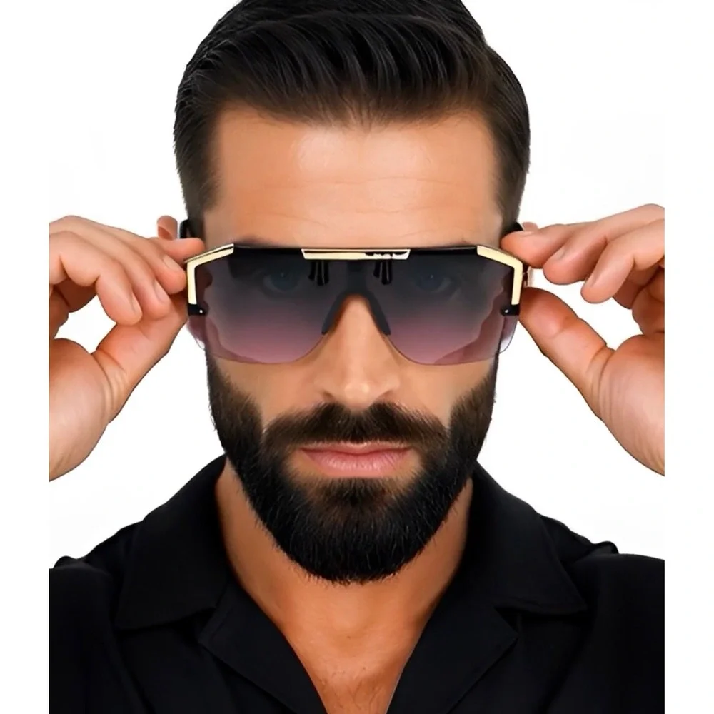 Mens Oversized Shield Sunglasses Black Gold Flat Top Gradient Lens Bold Chic New